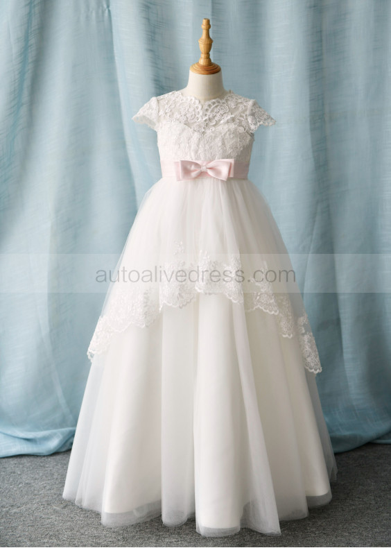 Cap Sleeves Ivory Lace Tulle Floor Length Flower Girl Dress